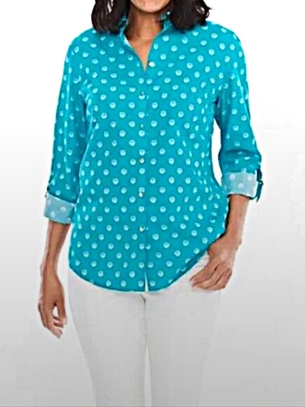 Chico’s Turquoise Seashell No Iron Button Down Blouse size 0